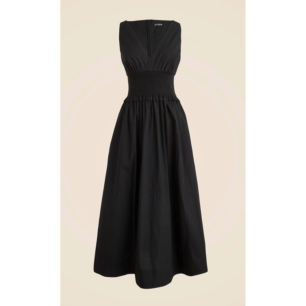 NEW J.Crew Plunge Smocked-Waist Dress Cotton Poplin Black Womens Medium - Picture 12 of 12